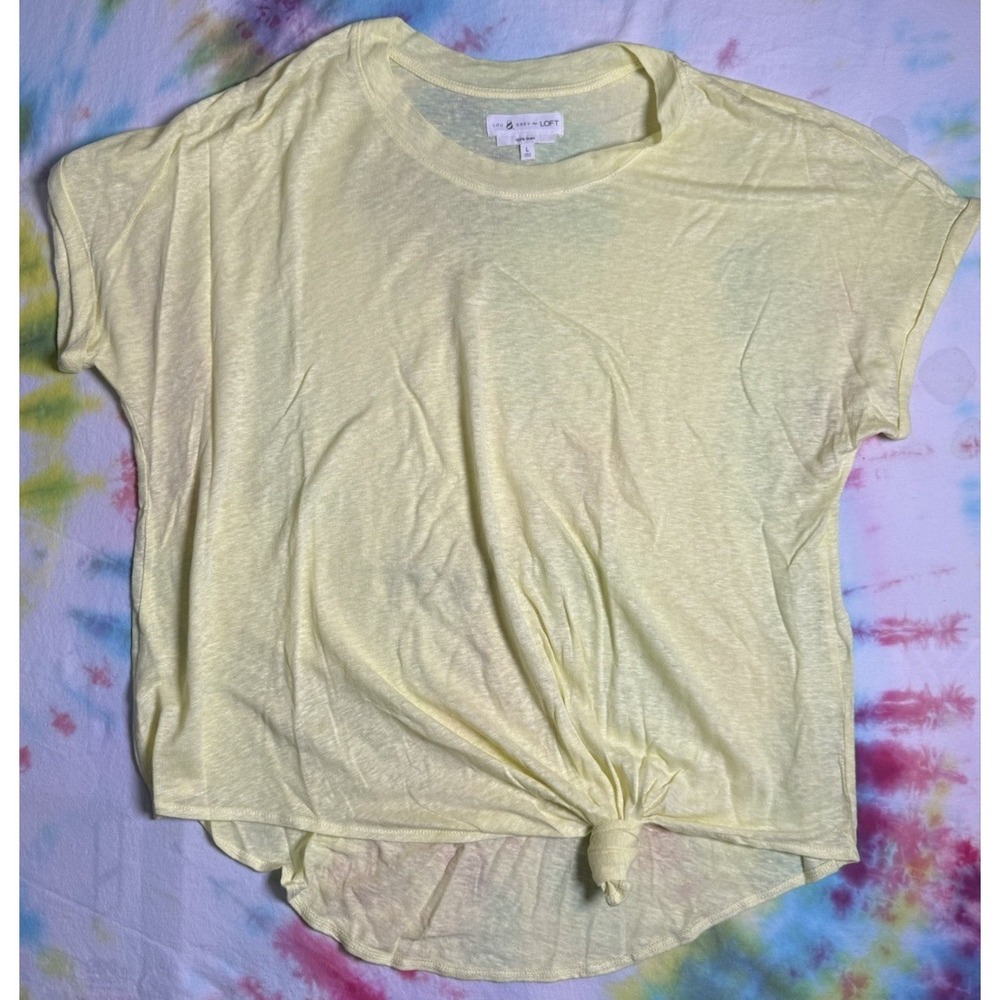 Lou & Grey for Loft Yellow 100% Linen Front Knot T-Shirt Size Large NWOT